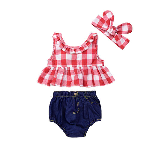 Bebé de 3PCS roupa Set Red-White Plaid Top Triângulo Denim Shorts cabeça banda bonito Outfits presente