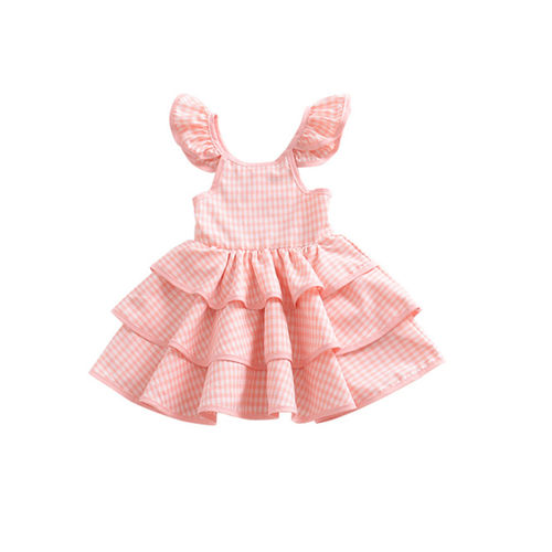 Bebé do rosa doce vestido xadrez elegante Fluffy camadas Backless Dress