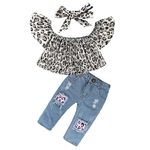 Bebés Meninas 3pcs / Set Clothes Off-ombro do leopardo Tops impressos + Jeans + Faixa de Cabelo