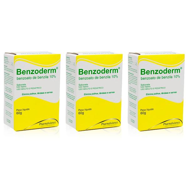 Benzoderm Benzoato de Benzila Elimina Piolhos Lêndeas Sarnas Sabonete Kit 3x 60g - Pharmascience - Pharma Science