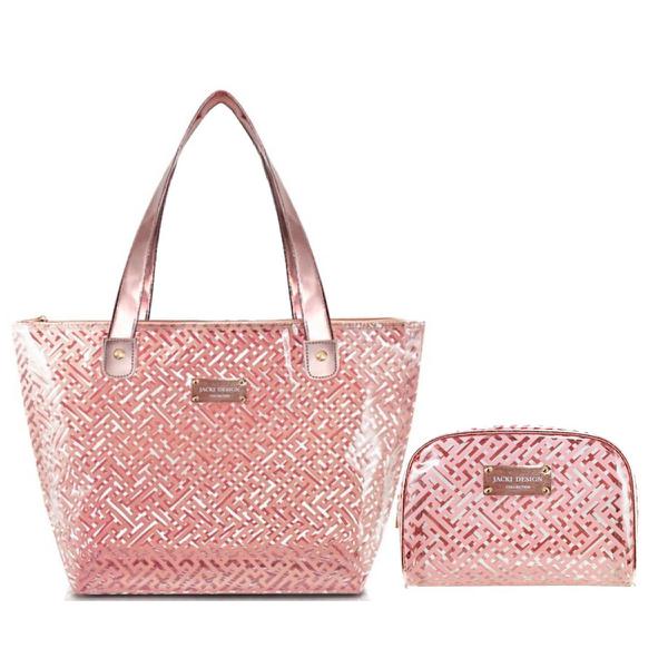 Bolsa Shopper Transparente com Necessaire Diamantes Rosa - Jacki Design
