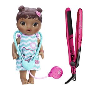 Boneca Hasbro Baby Alive - Cuida de Mim + Chapinha | Prancha Mondial Chrome Pink P19 220°C Cerâmica e Tourmaline Bivolt - Rosa