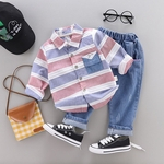 -Breasted único bebê vestuário Boy Set shirt com lapela Tiras Decoração + elásticas Jeans