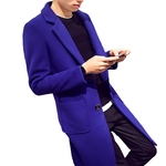 Men Single-breasted Woolen Coat V-Neck Big Pocket Solid Color Lapel Middle Long Overcoat