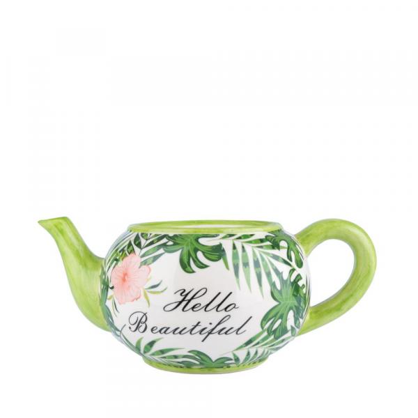 Cachepot Ceramica Teapot Green Leaves Verde 27 X 16,5 X 11 - Urban