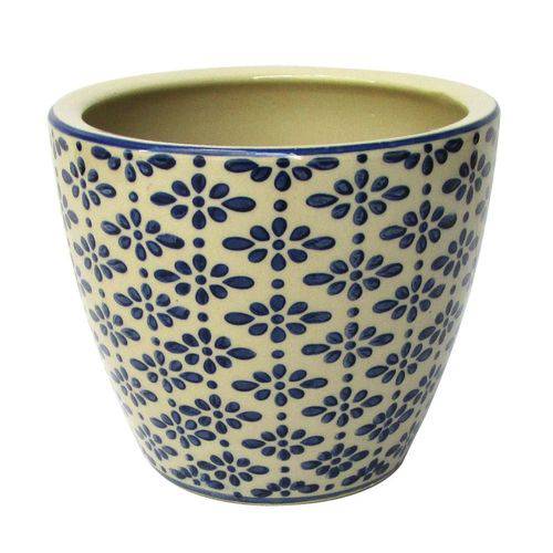 Cachepot Decorativo Cerâmica Bege e Azul 17x15cm Do0017
