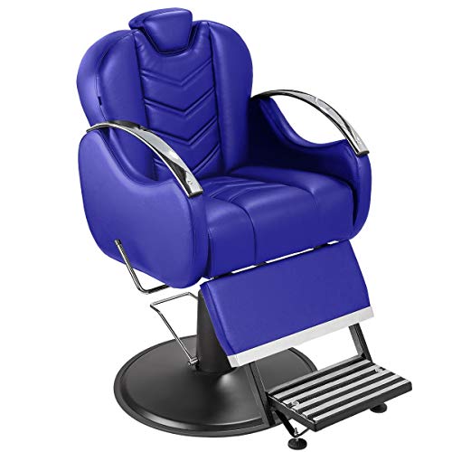 Cadeira de Barbeiro Alfa com Encosto e Apoio de Pé Reclináveis - Pé Preto - Azul