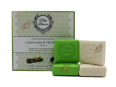 Caixa com 4 Sabonetes em barra: Chá Branco e Capim Limão da Linha Classic, da Petit Savon.