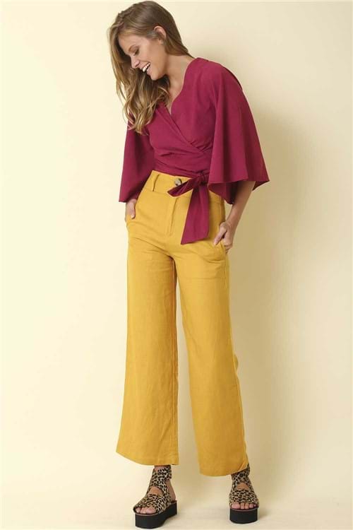 Calça Pantalona Linho - Amarelo Tamanho: M