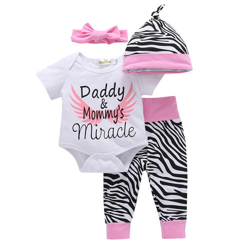 Calças 4Pcs / Set bebê roupa da menina Set Recém-nascido de algodão da menina da criança macacãozinho Jumpsuit + zebra + alça + Chapéu Outfits
