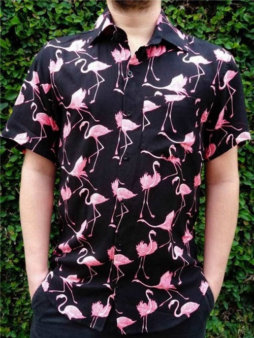 Camisa Estampada Flamingo Social Preta Camiseta Curta Pronta (Terracota, Preto, M)