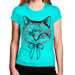 Camiseta Feminina Gato com Laco Azul