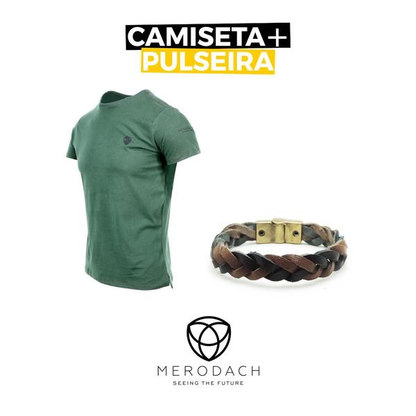 Camiseta Pima Merodach Verde Tam M Logo Bordado + Pulseira Merodach