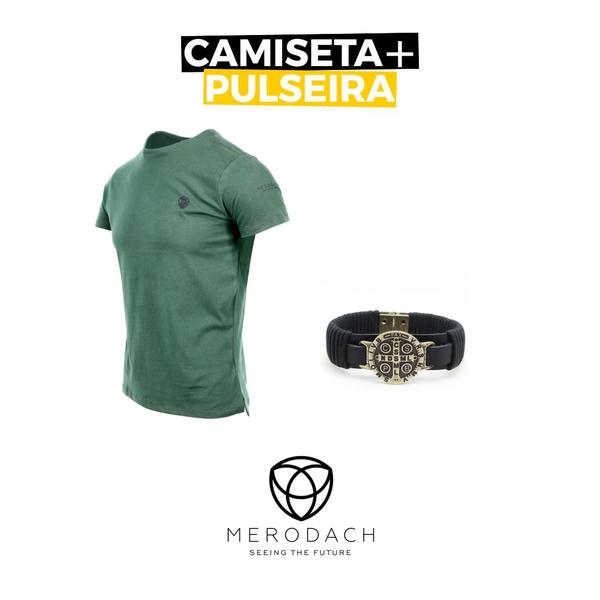 Camiseta Pima Merodach Verde Tam P Logo Bordado + Pulseira Merodach