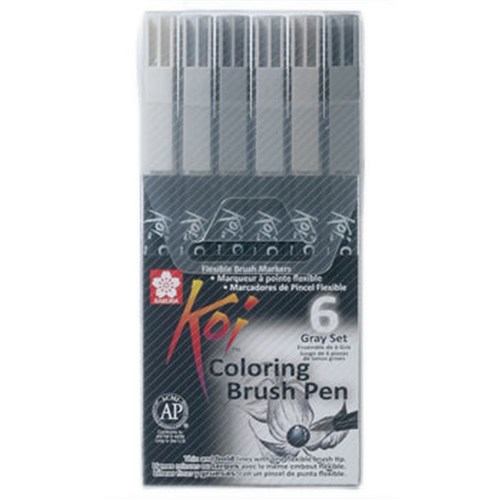 Caneta Koi Coloring Brush Pen Estojo 6 Cores Tons de Cinza Sakura