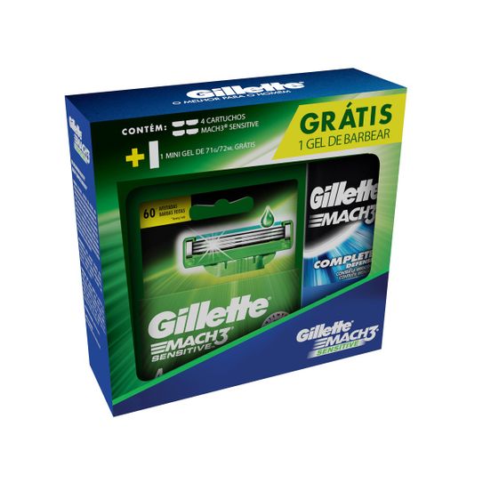 Carga Gillette Mach3 Sensitive com 4 Unidades Grátis Gel de Barbear 71g