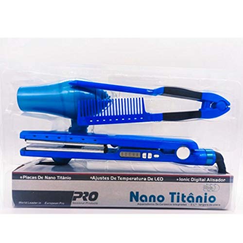 Chapinha Nano TitâniumTitanium 450 °F Bivolt + Secador 110v 1000w e Pente (Azul)
