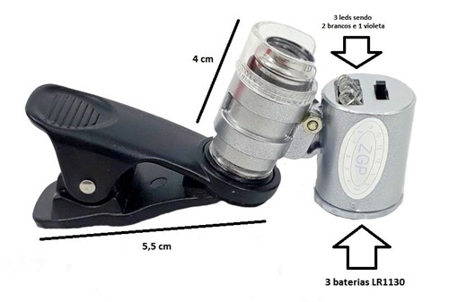 Clipe Universal para Celular Microscópio com Led Lupa 60X