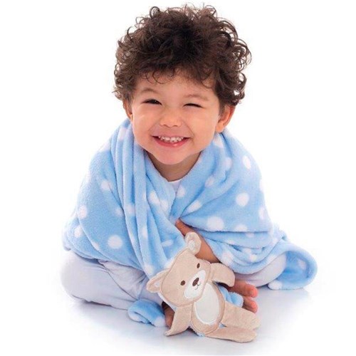 Cobertor Bebê Azul Poá Ursinho - Azul