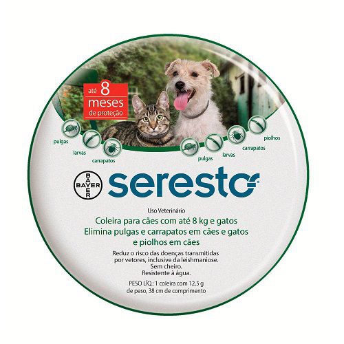 Coleira Antipulgas e Carrapatos Bayer Seresto Cães e Gatos Até 8 Kg
