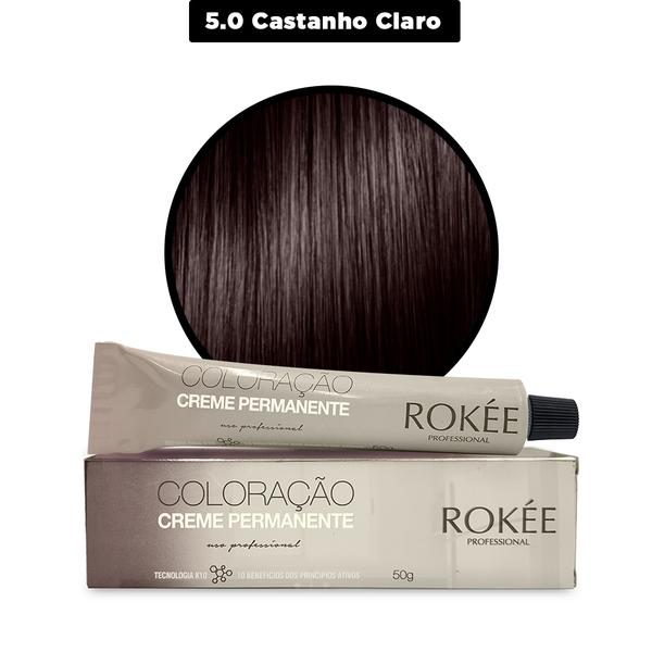 Coloração Creme Permanente ROKÈE Professional 50g - Castanho Claro 5.0 - Tintura Rokee