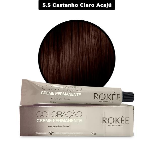 Coloração Creme Permanente ROKÈE Professional 50g - Castanho Claro Acaju 5.5 - Tintura Rokee