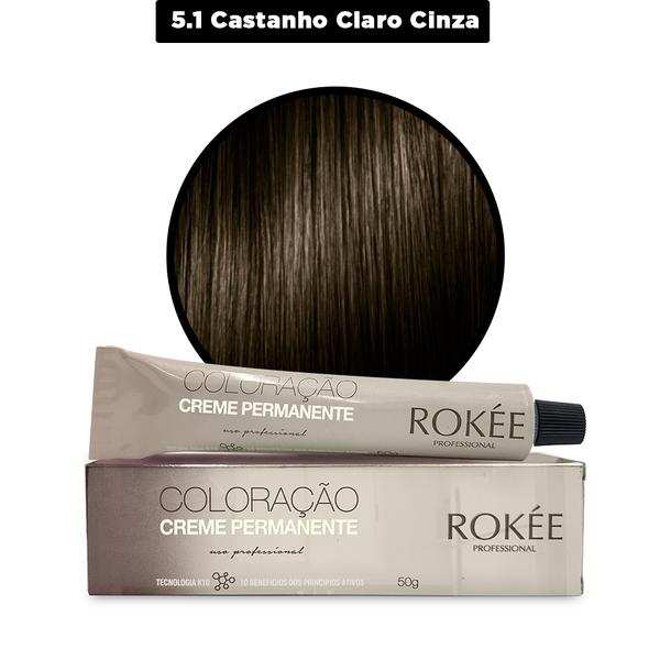 Coloração Creme Permanente ROKÈE Professional 50g - Castanho Claro Cinza 5.1 - Tintura Rokee