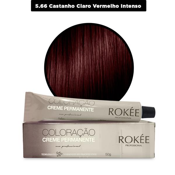 Coloração Creme Permanente ROKÈE Professional 50g - Castanho Claro Vermelho Intenso 5.66 - Tintura Rokee