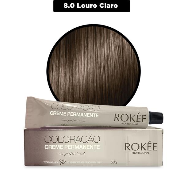 Coloração Creme Permanente ROKÈE Professional 50g - Louro Claro 8.0 - Tintura Rokee