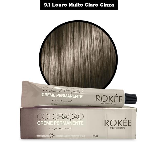 Coloração Creme Permanente ROKÈE Professional 50g - Louro Claro Cinza 9.1 - Tintura Rokee