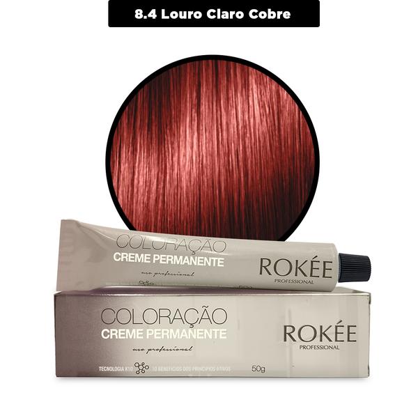 Coloração Creme Permanente ROKÈE Professional 50g - Louro Claro Cobre 8.4 - Tintura Rokee