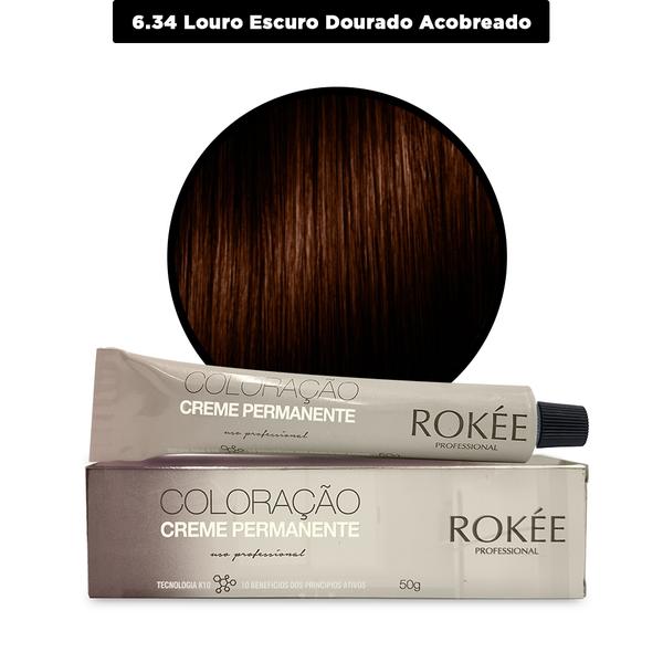 Coloração Creme Permanente ROKÈE Professional 50g - Louro Escuro Dourado Acobreado Chocolate 6.34 - Tintura Rokee