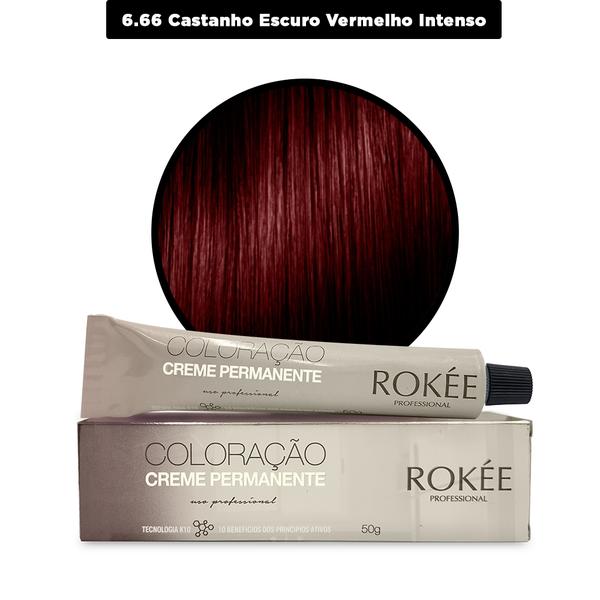Coloração Creme Permanente ROKÈE Professional 50g - Louro Escuro Vermelho Intenso 6.66 - Tintura Rokee