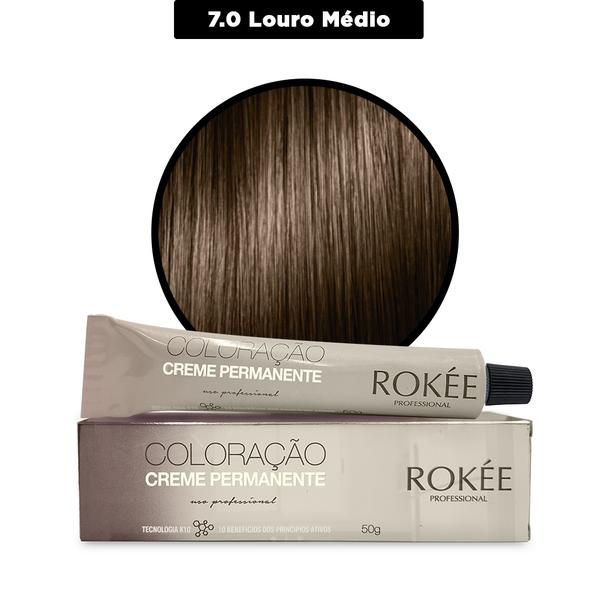 Coloração Creme Permanente ROKÈE Professional 50g - Louro Médio 7.0 - Tintura Rokee