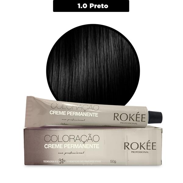 Coloração Creme Permanente ROKÈE Professional 50g - Preto 1.0 - Tintura Rokee