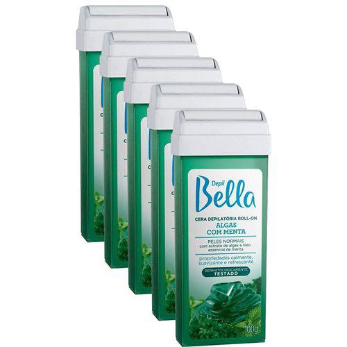 Combo 5 Ceras Depilatórias Roll-on Rollon Algas com Menta Depil Bella - 100g