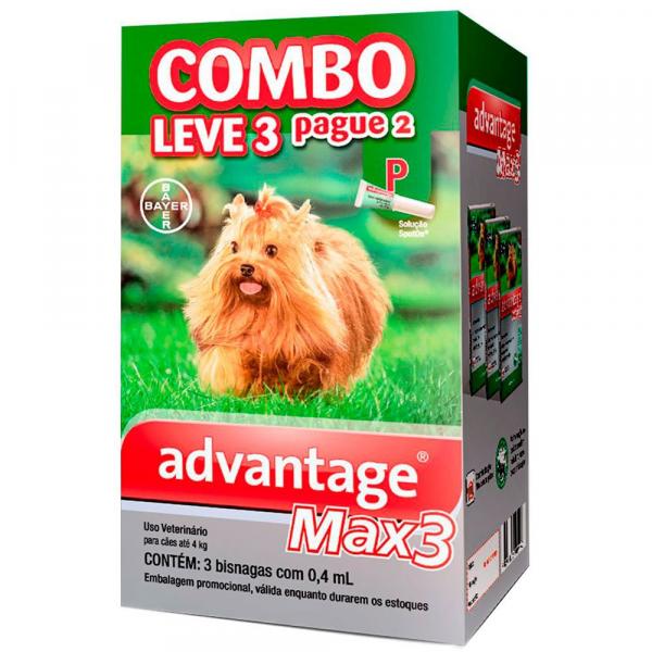 Combo Antiparasitário Advantage Max-3 P para Cães de 00 a 04 Kg - 3 Pipetas (0,4 Ml) - Bayer
