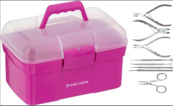 COMBO Kit Manicure Completo Inox + Maleta Porta Acetona Rosa C/ Tampa Transparente - Marco Boni