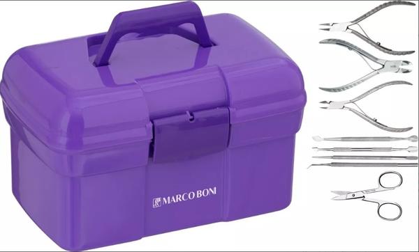 COMBO Kit Manicure completo inox + Maleta porta acetona roxa c/ tampa roxa - Marco Boni