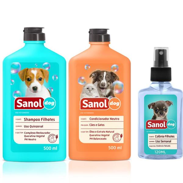 Combo Kit para Banho em Cachorros Filhotes: Shampoo, Condicionador e Perfume Baby Filhotes Sanol
