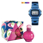 Combo Perfume Fantasy Original 100ml Com Relogio SKMEI Retro Moda Digital Assista 1433 Azul