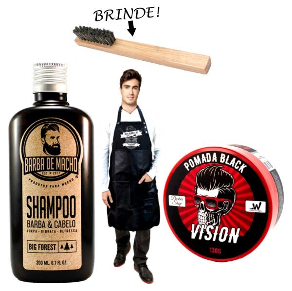 Kit Shampoo para Barba + Pomada Black + Avental Barbearia - Barba de Macho