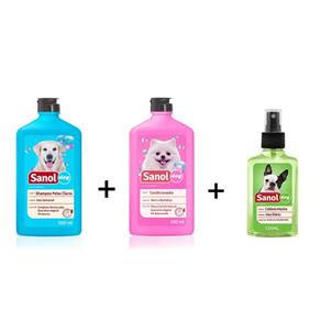 Combopara Banho de Cães: Shampoo para Cães Pelos Claros + Condicionador Revitalizante + Perfume Colônia Machos - Sanol Dog
