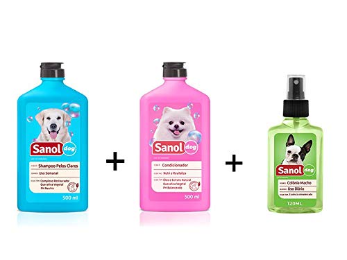 Combopara Banho de Cães: Shampoo para Cães Pelos Claros + Condicionador Revitalizante + Perfume Colônia Machos - Sanol Dog