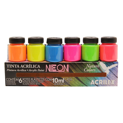 Conjunto 6 Cores Tinta Acrílica Neon Fluorescente 10ml Acrilex