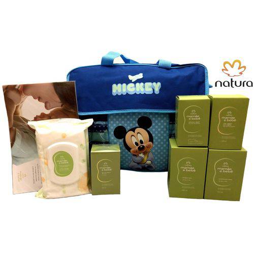 Conjunto Grande Bolsa Maternidade Azul Mickey Baby Disney com Trocador e Produtos Mamãe e Bebê