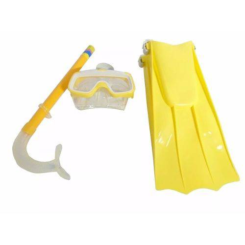 Conjunto Mergulho Amarelo Infantil Mascara Snorkel e Pé de Pato