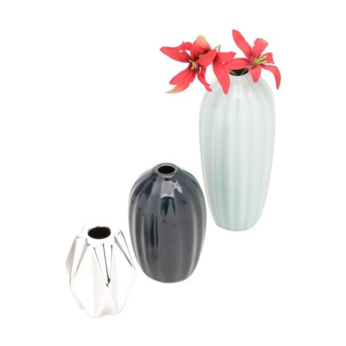 Conjunto 3 Mini Vasos em Porcelana Royal Vases P M e G Urban Azul/Preto/Dourado