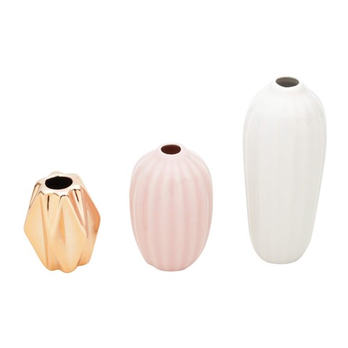 Conjunto 3 Mini Vasos em Porcelana Royal Vases P M e G Urban Branco/Rosa/Dourado