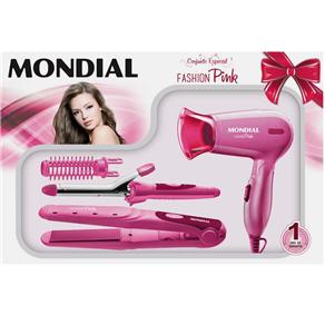 Conjunto Mondial Fashion Pink com Prancha + Escova Modeladora + Secador – Bivolt